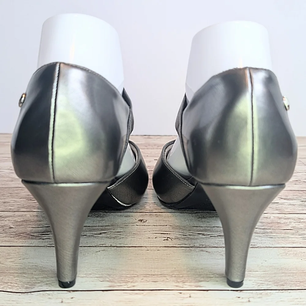 LifeStride Flex Dark Silver Pewter Open Toe Heels Metallic Size 9